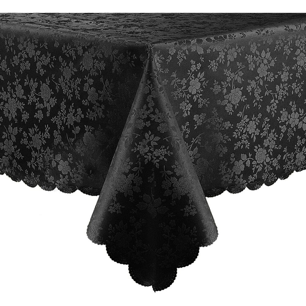 Black Vinyl Tablecloth 60x84 Inch Waterproof Floral Embossed Heavy Duty Cover